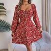 Square Collar Floral Printed Fashion Loose Dress Casual Sexy Lace Up Long Sleeve A-line Party Short Dress Elegant Spring Summer Lace-up Slim Fit Sweet