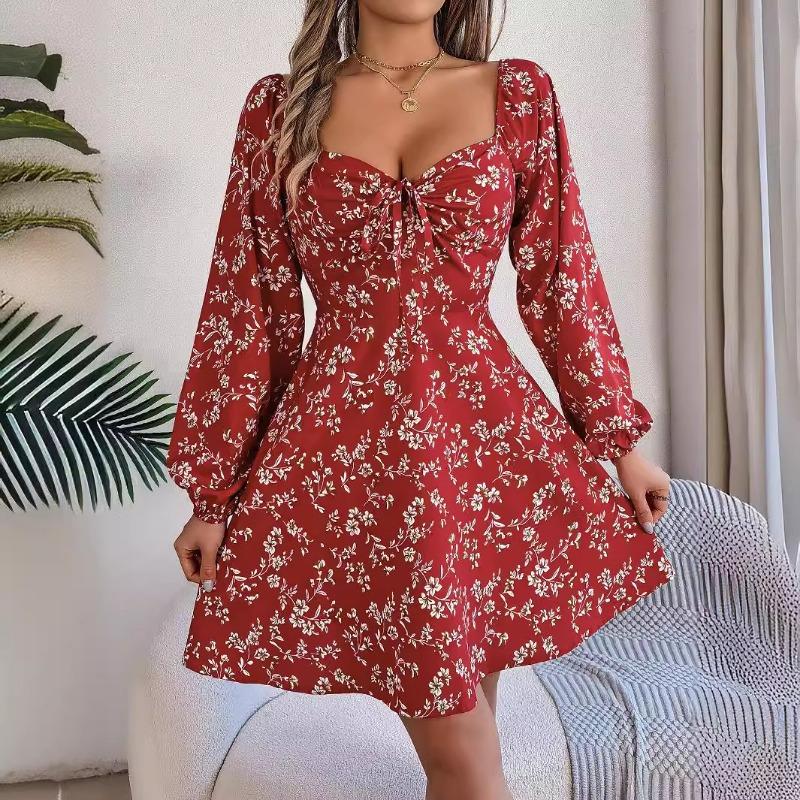 Square Collar Floral Printed Fashion Loose Dress Casual Sexy Lace Up Long Sleeve A-line Party Short Dress Elegant Spring Summer Lace-up Slim Fit Sweet