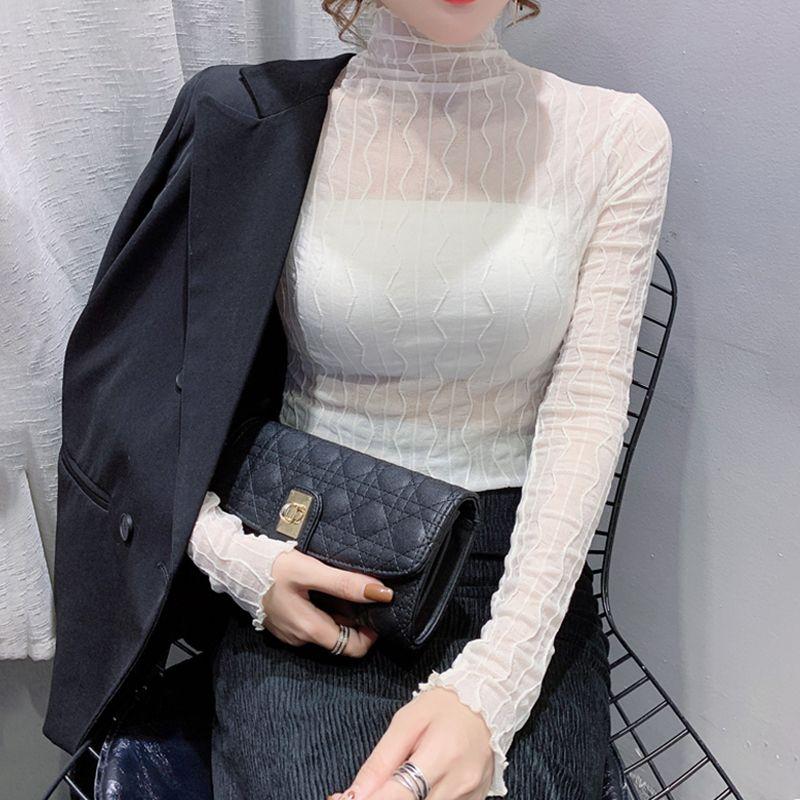 High Neck Mesh Base Shirt for Women In Spring and Autumn Transparent Lace Long Sleeved Top for Women
