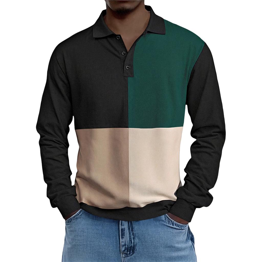Men's Casual Loose Colorblock Print Lapel Button Long Sleeve Top