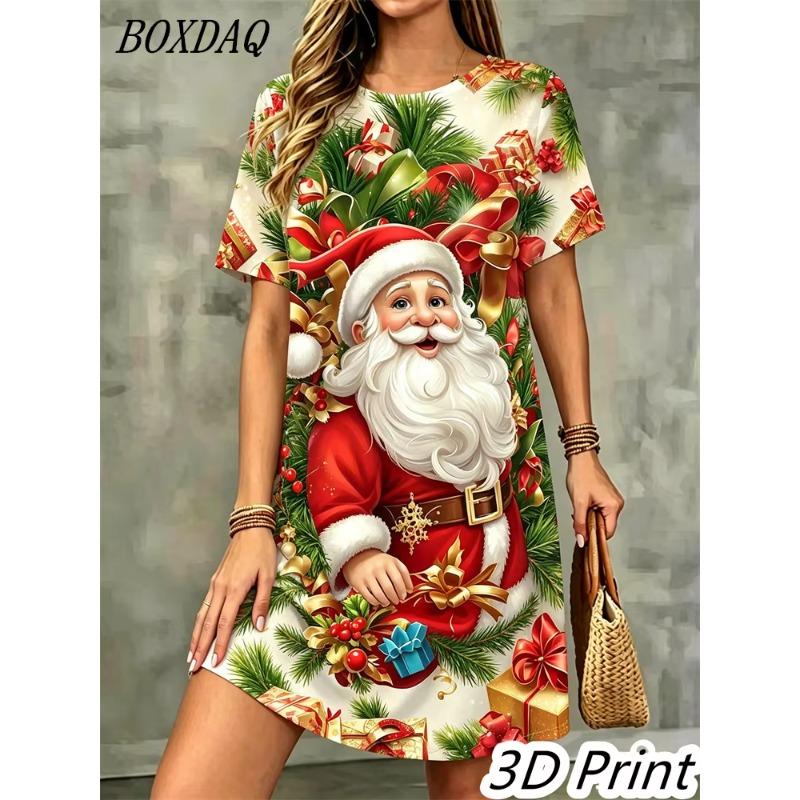 Sommer Damen 3D-Druck Kurzarmkleid Weihnachtsoutfit