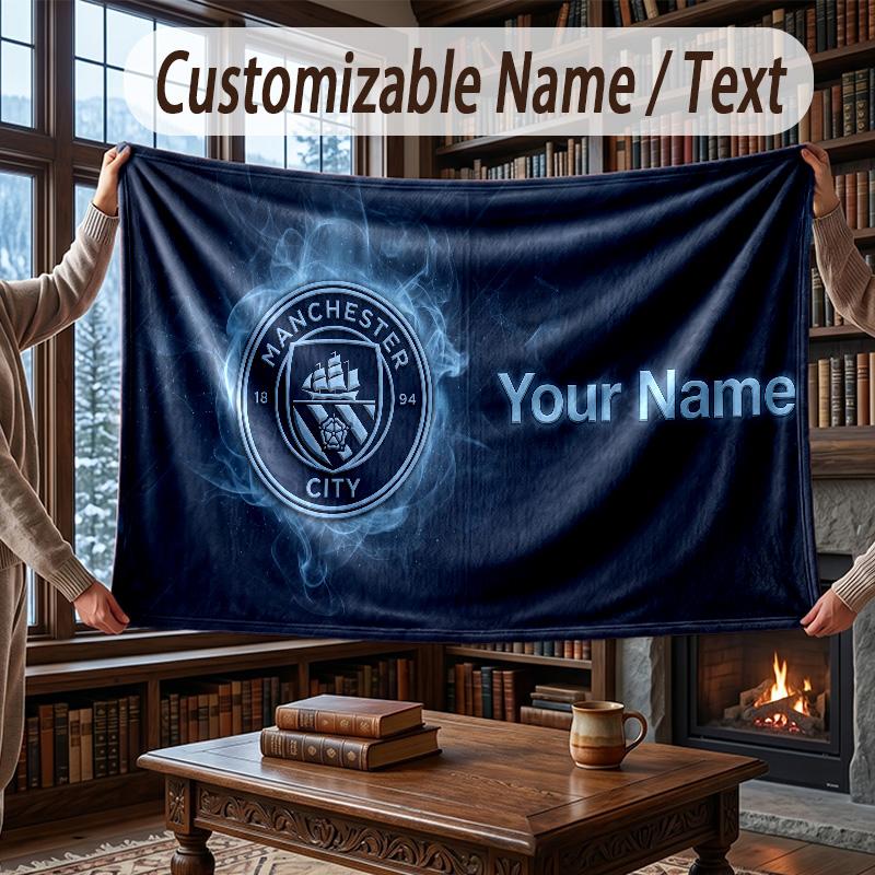 Custom Name Flannel Throw Blanket Manchester City Pattern Warm Home Decoration