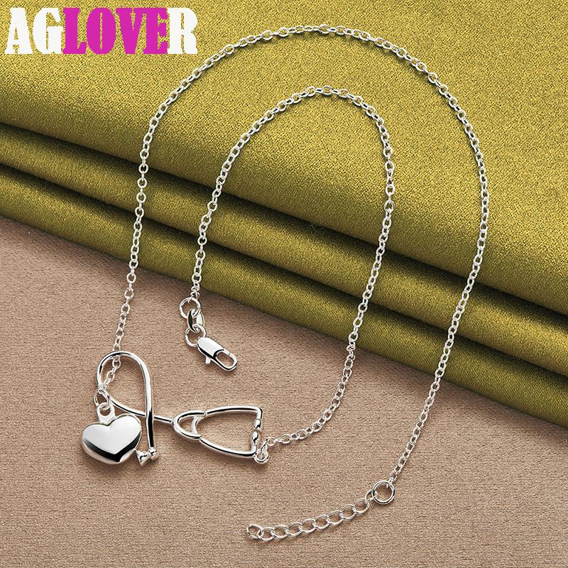 925 Sterling Silver 18 Inch Stethoscope Heart Pendant Necklace Jewelry