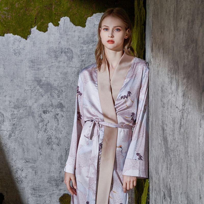 

Chinese Style Retro Print Silks and Satins Long Robe Women s Pajamas Nightdress Loose Ladies Homewear Spring and Summer Bathrobe Light Curry L