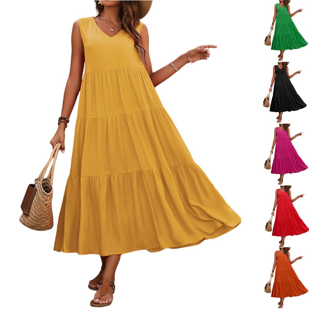 Women's Summer Casual Sleeveless Swing Sundress Boho Flowy Ruffle Tiered Maxi Dress