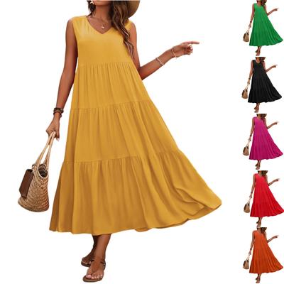 Kadın Yazlık Rahat Kolsuz Salıncak Sundress Boho Uçuşan Volanlı Katmanlı Uzun Elbise