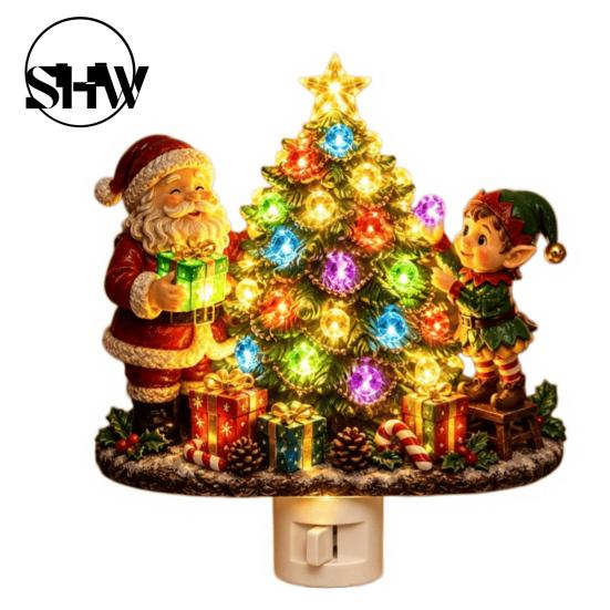 Indoor Holiday Lighting Christmas Santa Elf Decorative Plug-in Night Light, Resin Tree Wall Festive Room Decoration Nightlight, Vintage Xmas Ornament