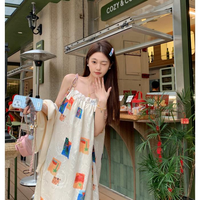 

Bohemian color suspender dress women summer small seaside vacation May Day outings wear long skirt S