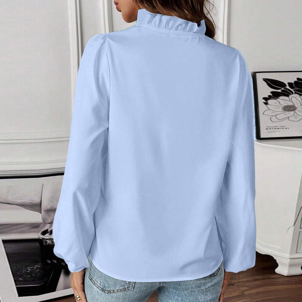 Women's Ruffle Edge Solid Color V-Neck Fashionable Casual Long Sleeved T-Shirt Shirt Top