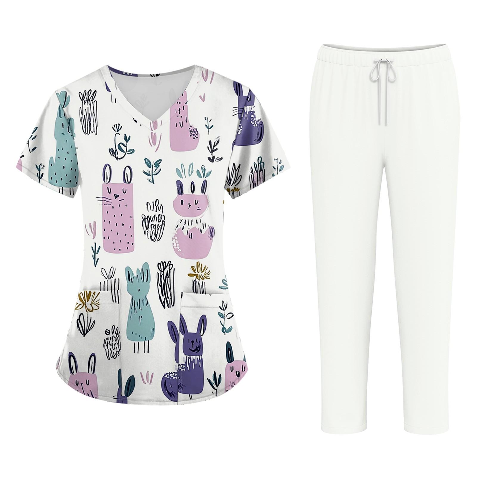 

Плюс размерСкраб с принтом Рабочая форма Топы для женщин Крест V-образным вырезом Хэллоуин Принт с короткими рукавами Забавные футболки Спецодежда Футболка с карманами M белый