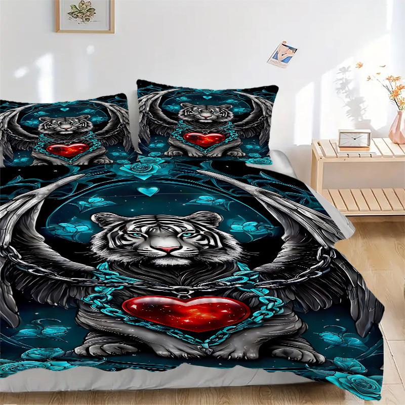 

3pcs Tiger Angel Heart Design Duvet Cover Set, Cover For Bedroom Guest Room (1 Duvet Cover + 2 Pillowcase, Without Quilt), yy250922210 135x200cm