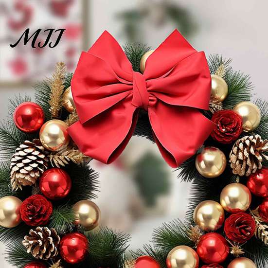 Reusable Holiday Wall Decor Christmas Wreath Decal, Door Sticker with Red Bow, Baubles & Pinecones, Self Adhesive Pine Cones Removable Art for