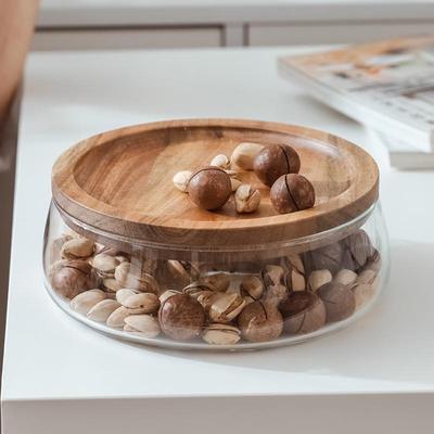 Acacia Wood Double-Layer Candy Bowl with Glass Lid for Living Room Coffee Table
