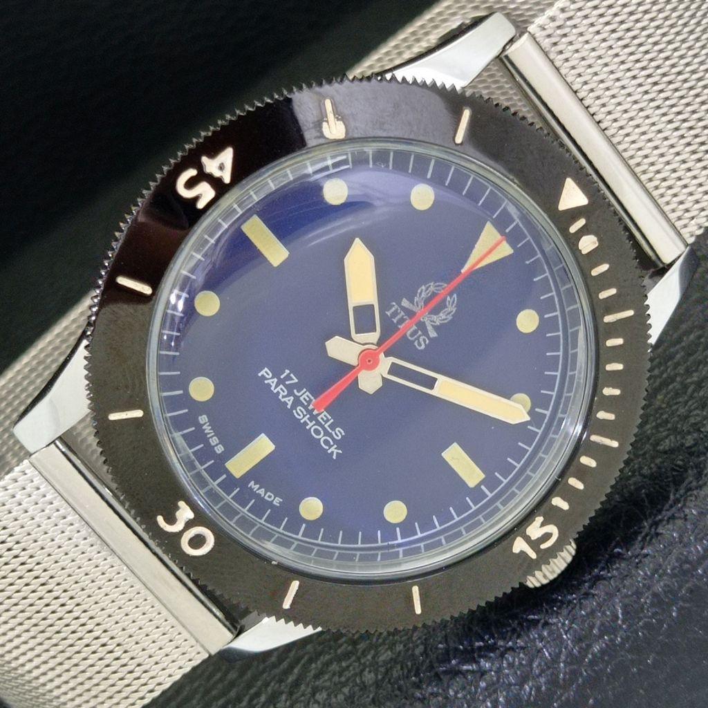 

VINTAGE TITUS HAND-WINDING SWISS MENS TURNABLE BEZEL BLUE DIAL WATCH a700031-5 R201-a700031