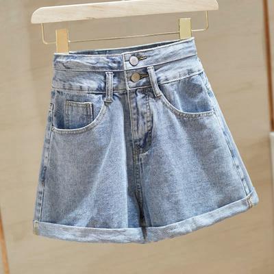 Summer High Waist Denim Shorts Women Casual Loose Ladies Fashion Roll Up Hem Pocket Blue Short Jeans Female
