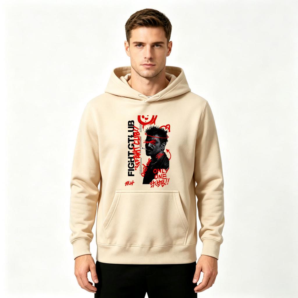 Men Fight Club Graphic Print Pullover Hoodie Casual Long Sleeve Streetwear Hooded Sweatshirt