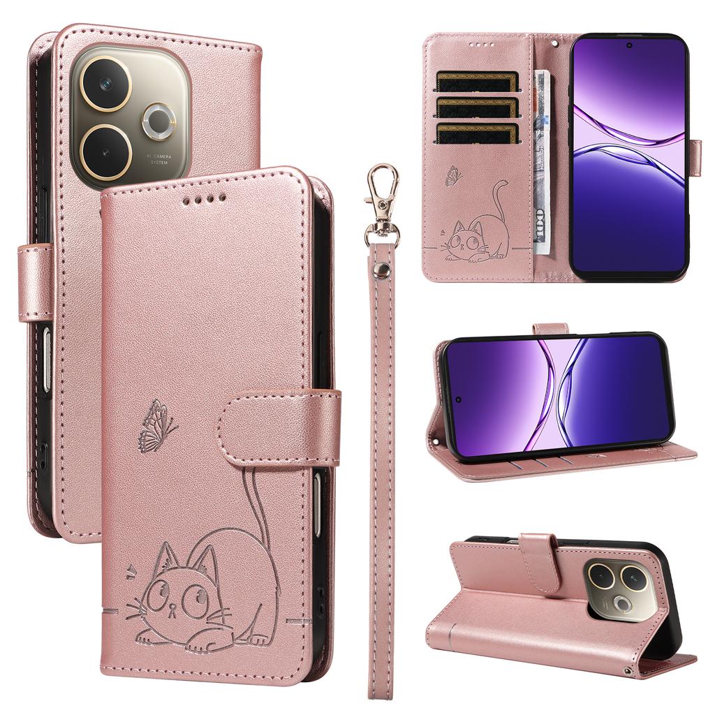For Oppo A5 Energy 5G (China)/Oppo A5 Pro 5G (Global) Case Cat Pattern Imprint Leather Phone Cover with Wrist Strap