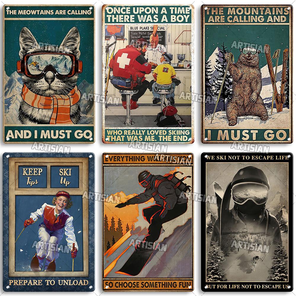 Artisian Skiing Snowboarding Metal Poster Sledding Tin Plaque Sport Decorative Plate Wall Decor Garage Bar Pub Club Hotel Cafe