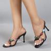 Fashion Liyke Summer Fashion Colour Gem Strap Women Slippers Sandals Round Open Toe Thin High Heels Mules Slides Summer Party Dress Shoe