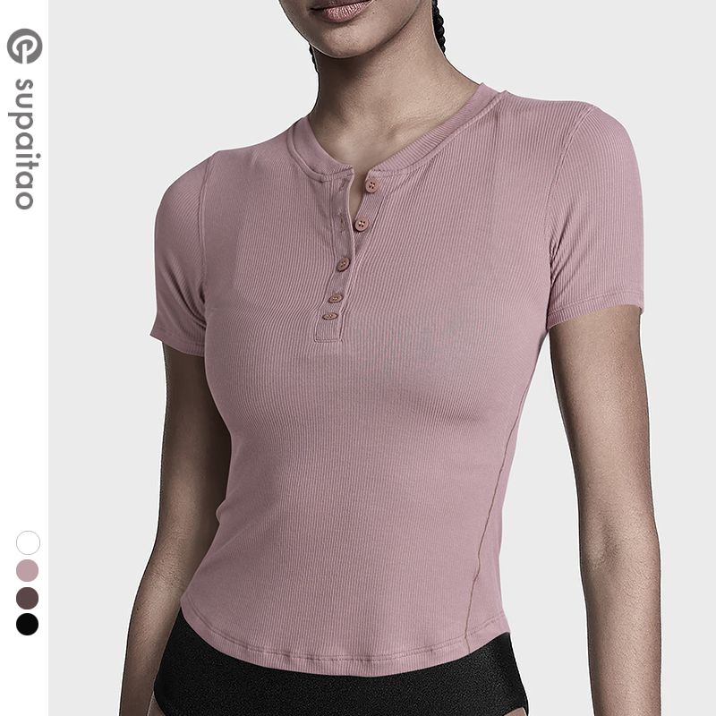

Clearance Non-Exchangeable Non-Returnable] Thread Short Sleeve Yoga Jacket Silm Slim Looking Henley Shirt Workout Clothes Sports T-Shirt Female Summer Twilight Rose XL
