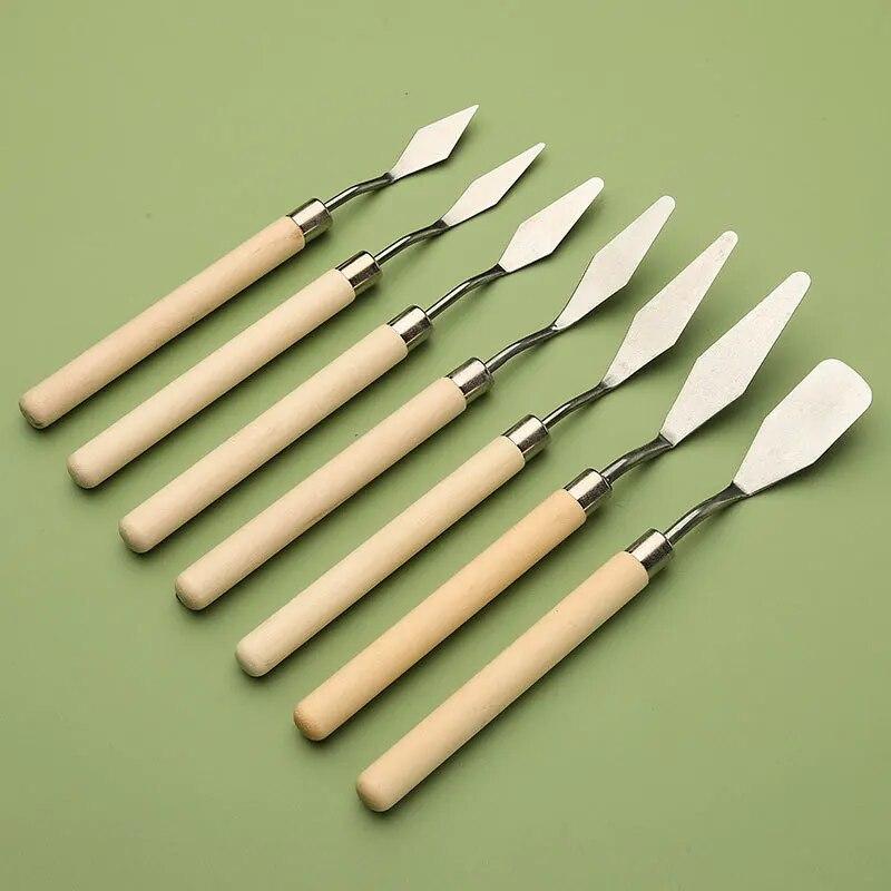 7pcs/set Art Oil Painting Scraper Wooden Flat Head Stainless Steel Pick Knife Gouache Paint Pointed Color Mixing Spatula Tools