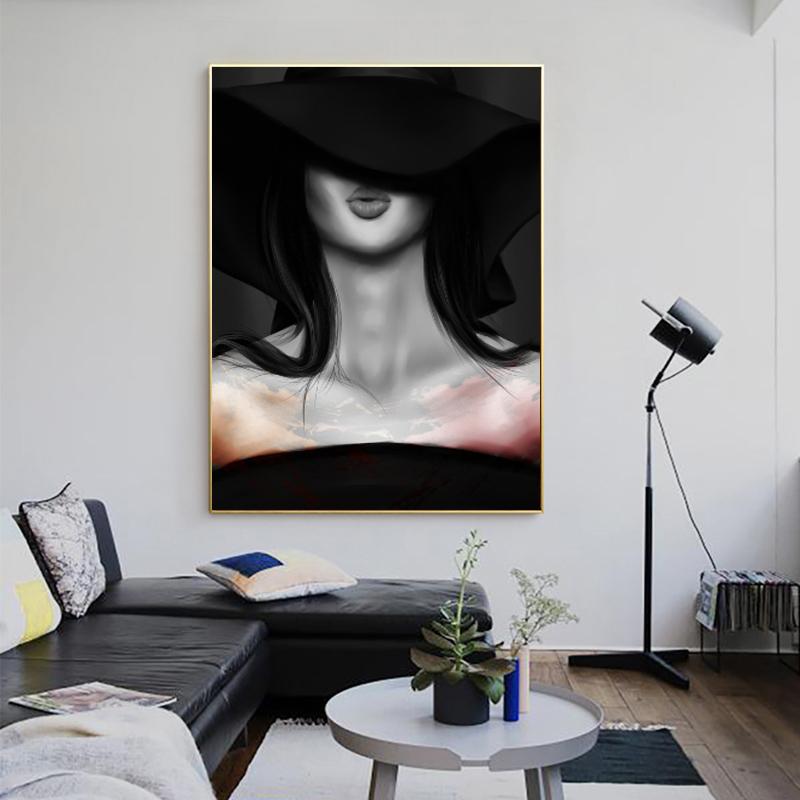 Modern Black and White Sexy Smoking Women with Red Lip Hat Canvas Painting Wall Art Pictures for Living Room Cuadros Home Decor