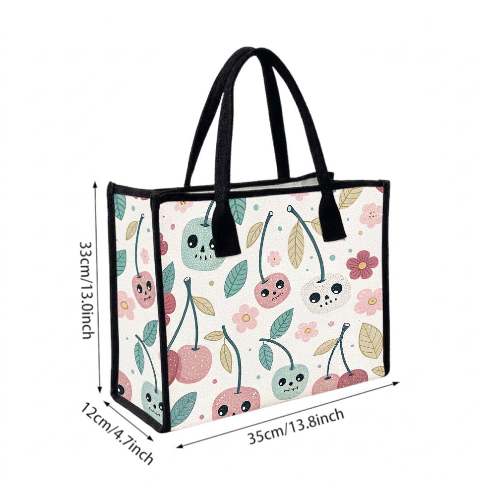 Cute Cartoon Cherry Printed Tote Bag for Daily Casual Shopping Portable Lightweight Women Handbag