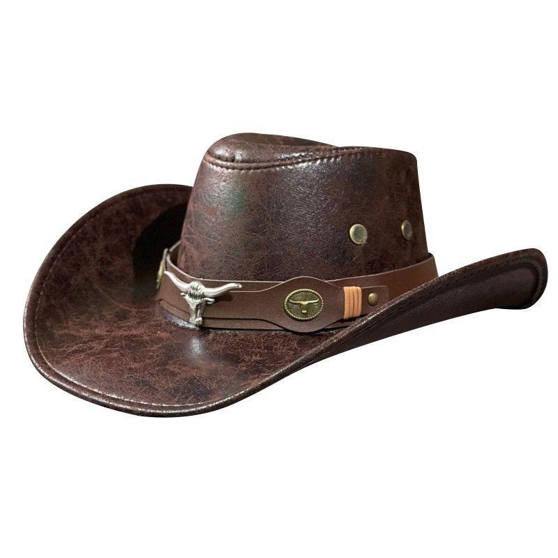 Klassischer Cowboyhut Vintage Rissiges PU-Leder Westliche Sonnenkappe Metall-Dekor Fedora Breiter Rand Herren Outrider Kopfbedeckung