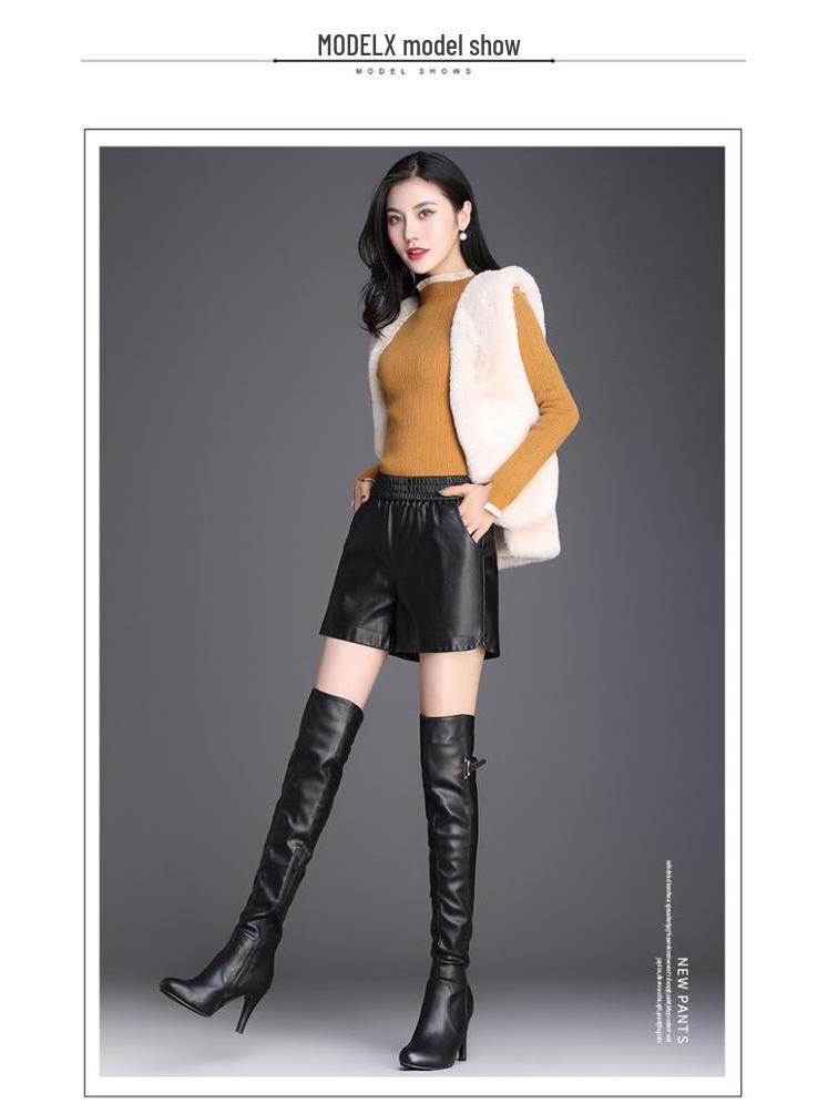 2026 New Women's PU Leather Wide-Leg Shorts, Elastic Waist & Slimming Base Layer, Plus Size Bootcut Pants for Spring/Autumn.