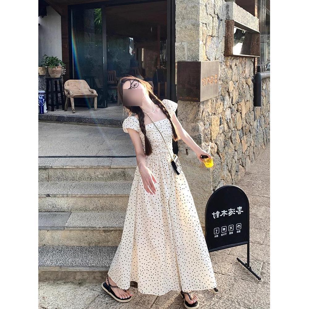 

French Flutter Sleeve Polka Dot A-Line Dress - Slim Fit, Age-Reducing, Gentle Style XL (recommended 110-120 Jin)