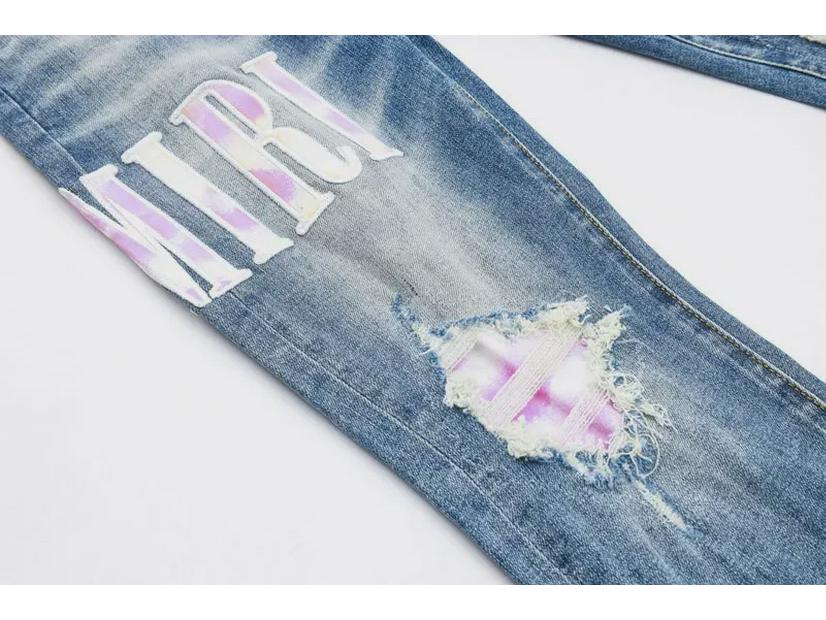 Men's Light Blue Ripped Patch Slim Fit Jeans - Hip Hop Style, Slightly Elastic, European & American High-Street Fashion