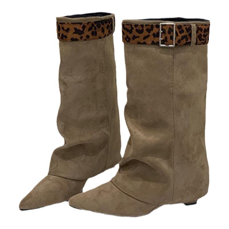 French two-wear boots women's pointed boots 2025 autumn and winter new slope heel boots but knee mid-tube pants tube boots