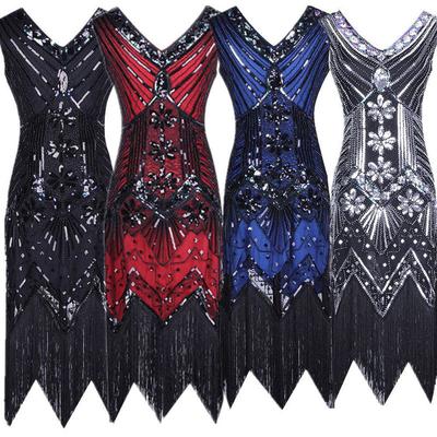 Amazon Wish Foreign Trade Hot 1920S Retro Formal Dress Handmade Beaded Sequins Tassel Evening Dress Plus Size
