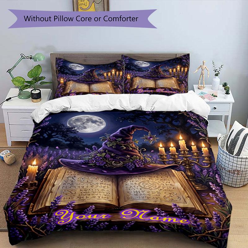 3PC Custom Name Witchcraft Spell Book Bedding Set Duvet Cover Closure Includes 1 Duvet Cover & 2 Pillowcases for Bedroom