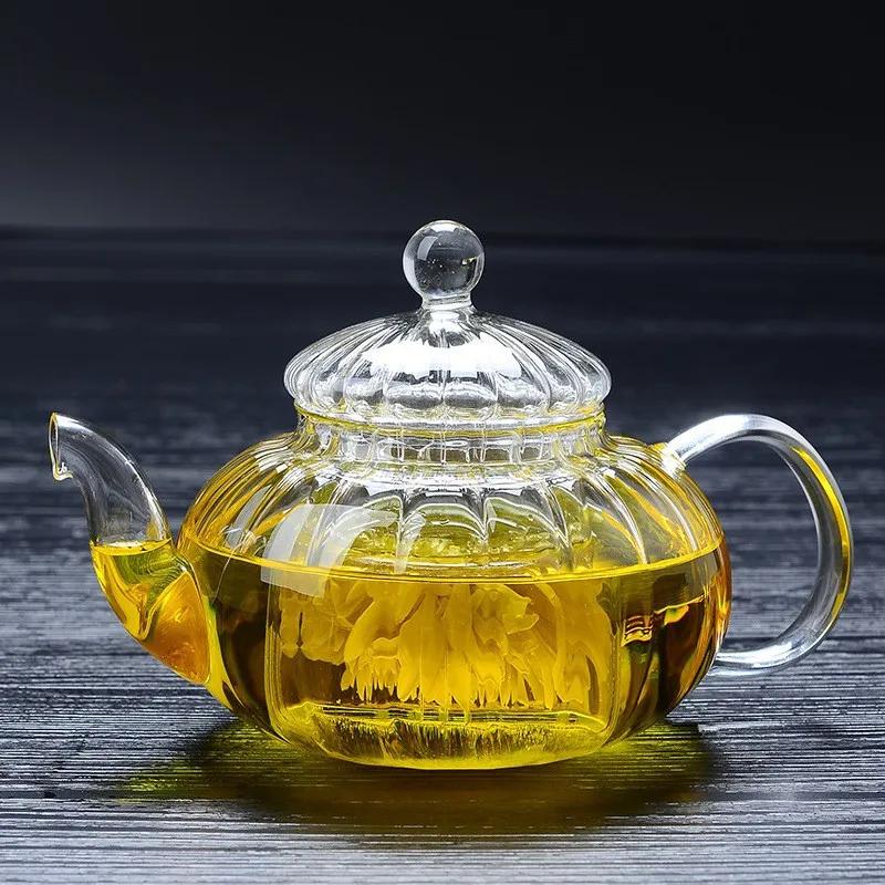 Flower Tea Pot Heat Resistant Glass Striped Pumpkin Filter Inner Tank Soaking Home and Kitchen Supplies