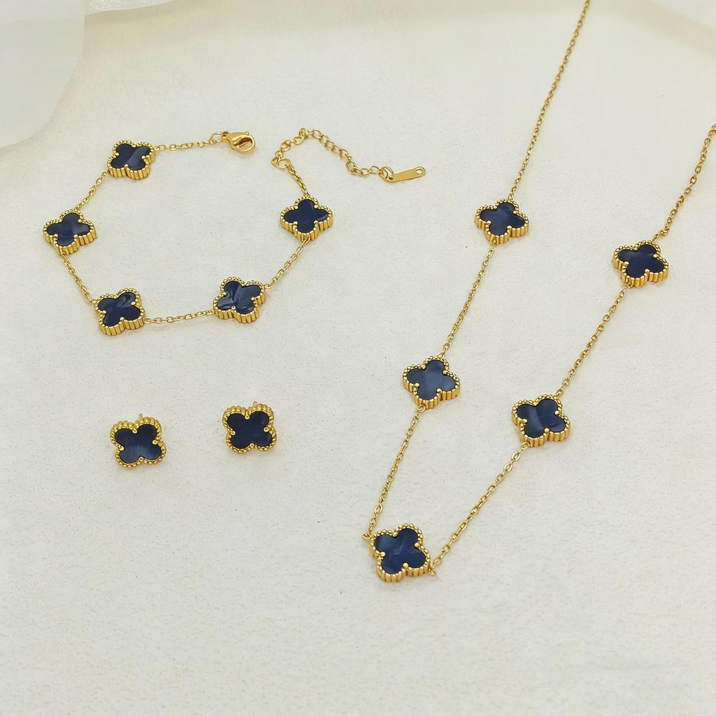 Set de Joyería de Acero de Titanio Madreperla Doble Cara Trébol de Cuatro Hojas con Pulsera, Collar y Pendientes