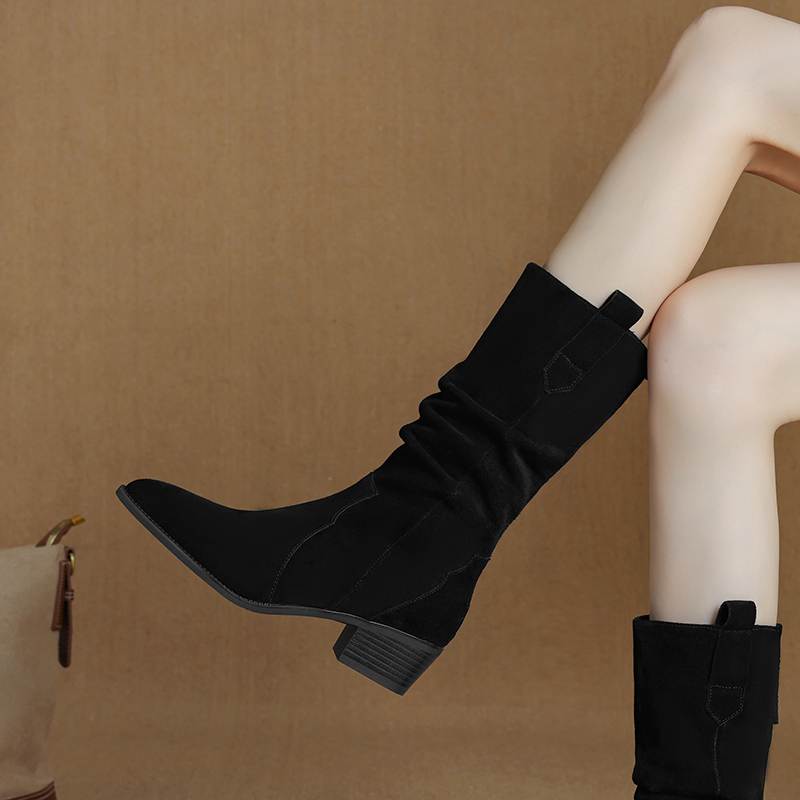 Krazing Pot Nubuc din piele intoarsa de vaci Cizme de iarna cu varf rotund cu toc mediu pentru femei Cizme cu pliuri retro elegante pentru femei la mijlocul gambei