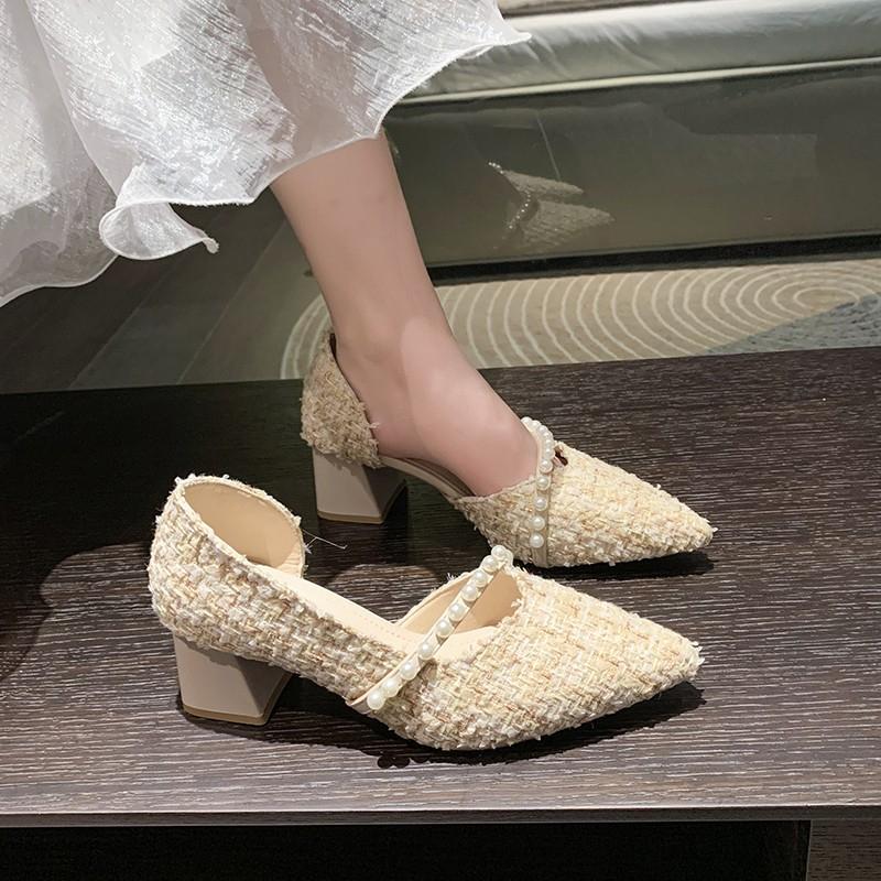 Fashion Spring New Coarse Heel Shoes Women Fashion Pointed Shallow Mouth Cloth Surface Bead Anti-slip Wear-resistant High Heels