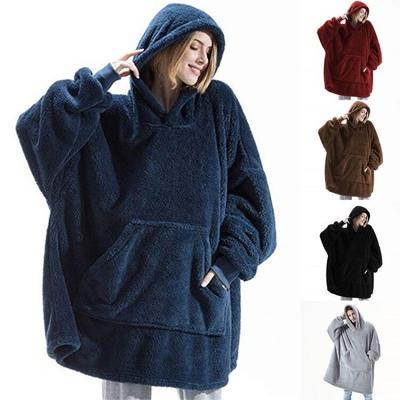 Frauen Übergroße Lange Hoodies Winter Fleece Warme Decke mit Ärmeln Tasche Sweatshirts Dicke Hoody Pullover