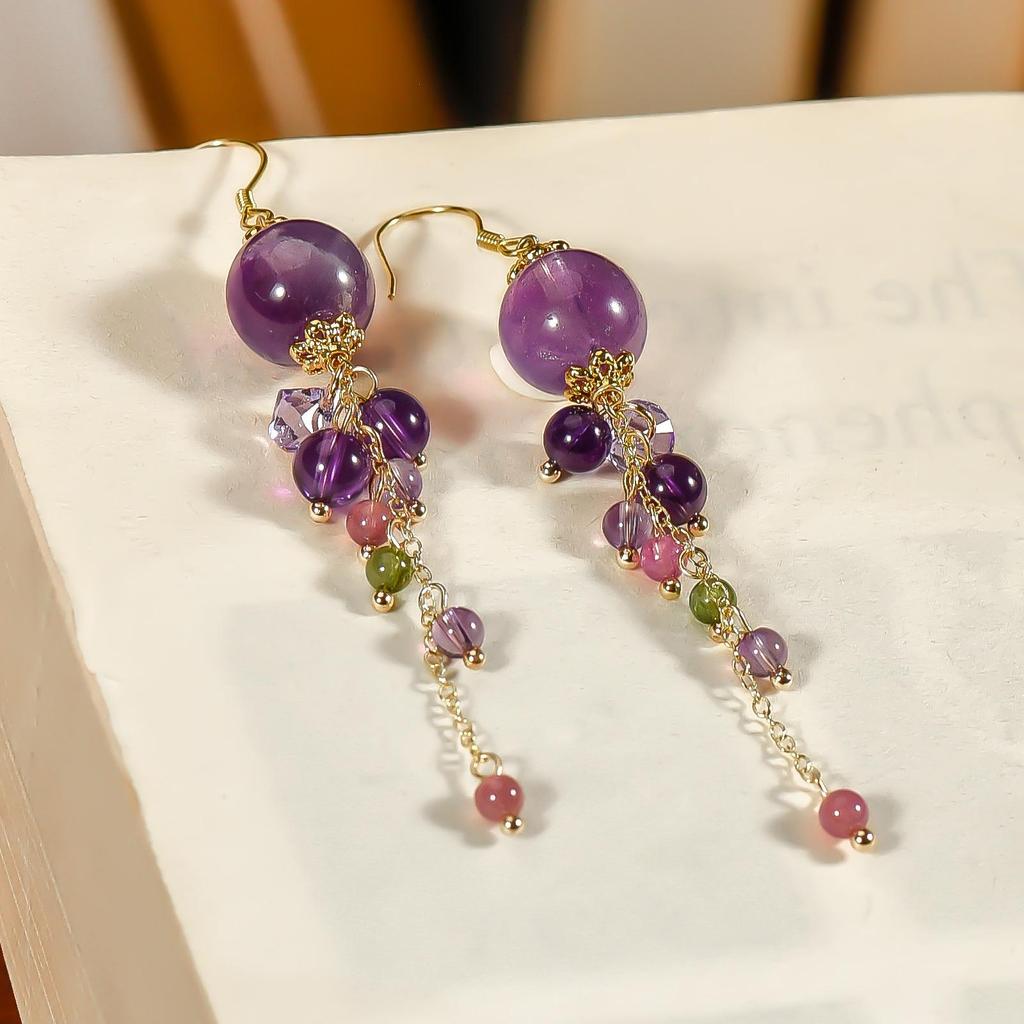 Handgefertigte Haken-Ohrringe aus massivem 925er Sterlingsilber, Amethyst-Perlenohrringe mit natürlicher Turmalin-Quaste, baumelnde Ohrringe für Frauen und Mädchen