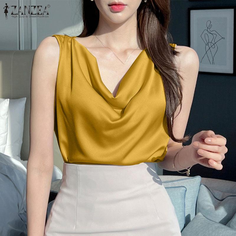 ZANZEA Camisetas sin mangas casuales de verano para mujer con cuello cowl suelto