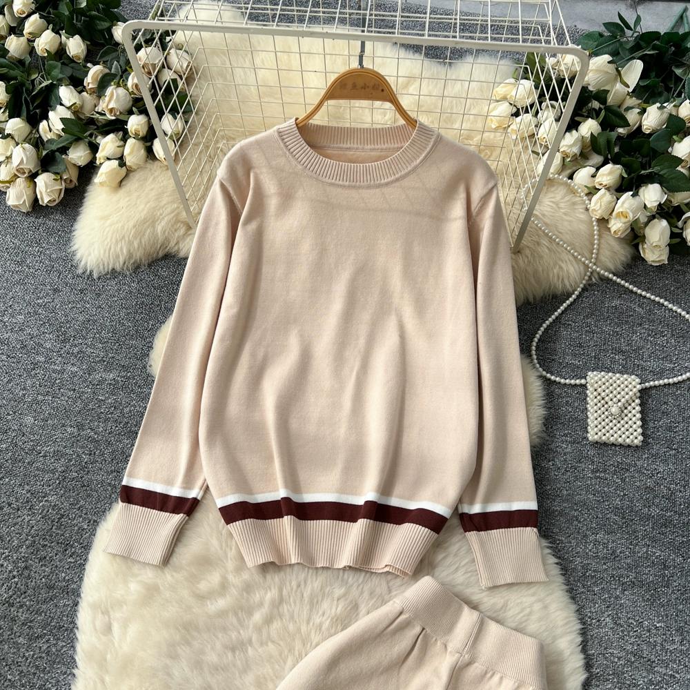 Herbst Winter Damen Lässig Gestrickter Pullover Hose Zweiteiler Langarm Pullover Oberteile und Weitbein Hose Trainingsanzug