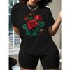 European Sizes Women'S Black T-Shirt with Vibrant Red Rose Floral Print Round Neck Short Sleeve Casual Top, All-Season Comfort Regular Fit,