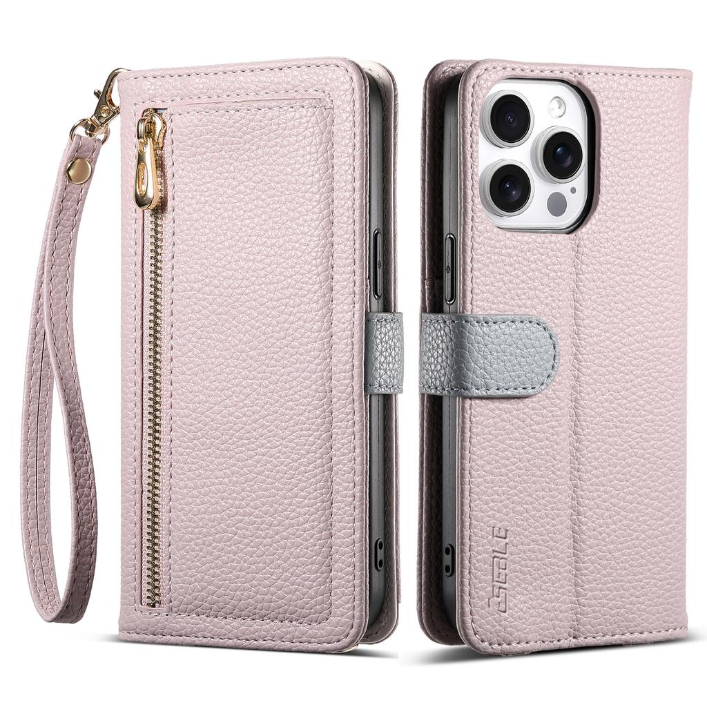 ESEBLE E11 For iPhone 16 Pro Max Case Zipper Pocket Litchi Texture Leather Phone Cover with Mirror and Wrist Strap