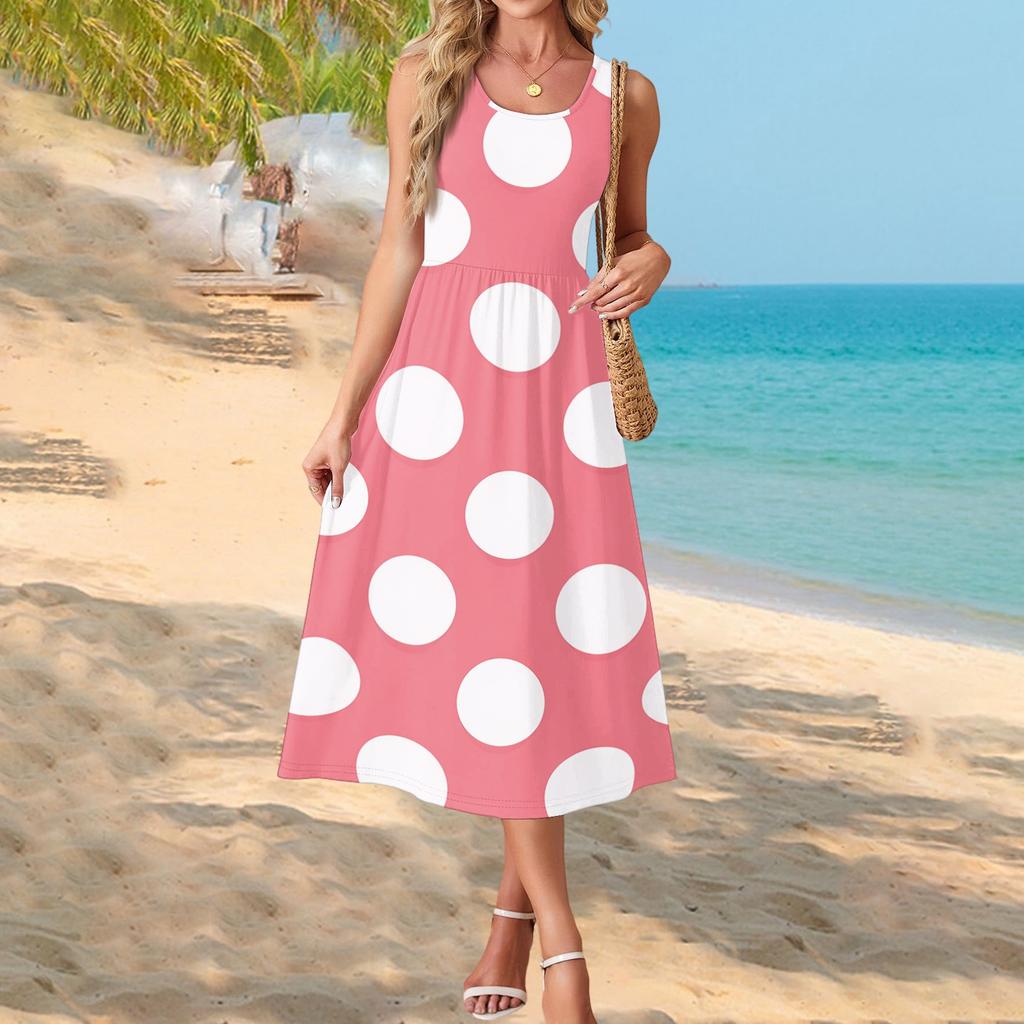 Women's Polka Dot Print Short Sleeve Midi Dress with Pockets for Beach Vacation and Casual Summer Wear