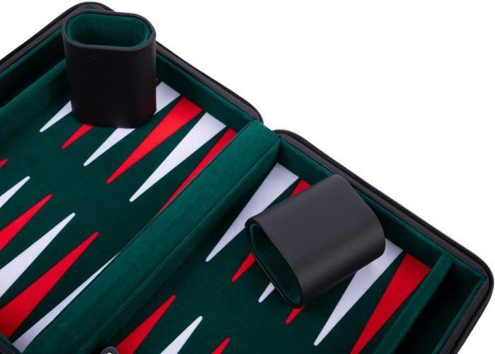 Pochette de jeu Backgammon de voyage 9" Similicuir rouge - fermeture Zip - Interieur feutré: vert/rouge/blanc - 250502