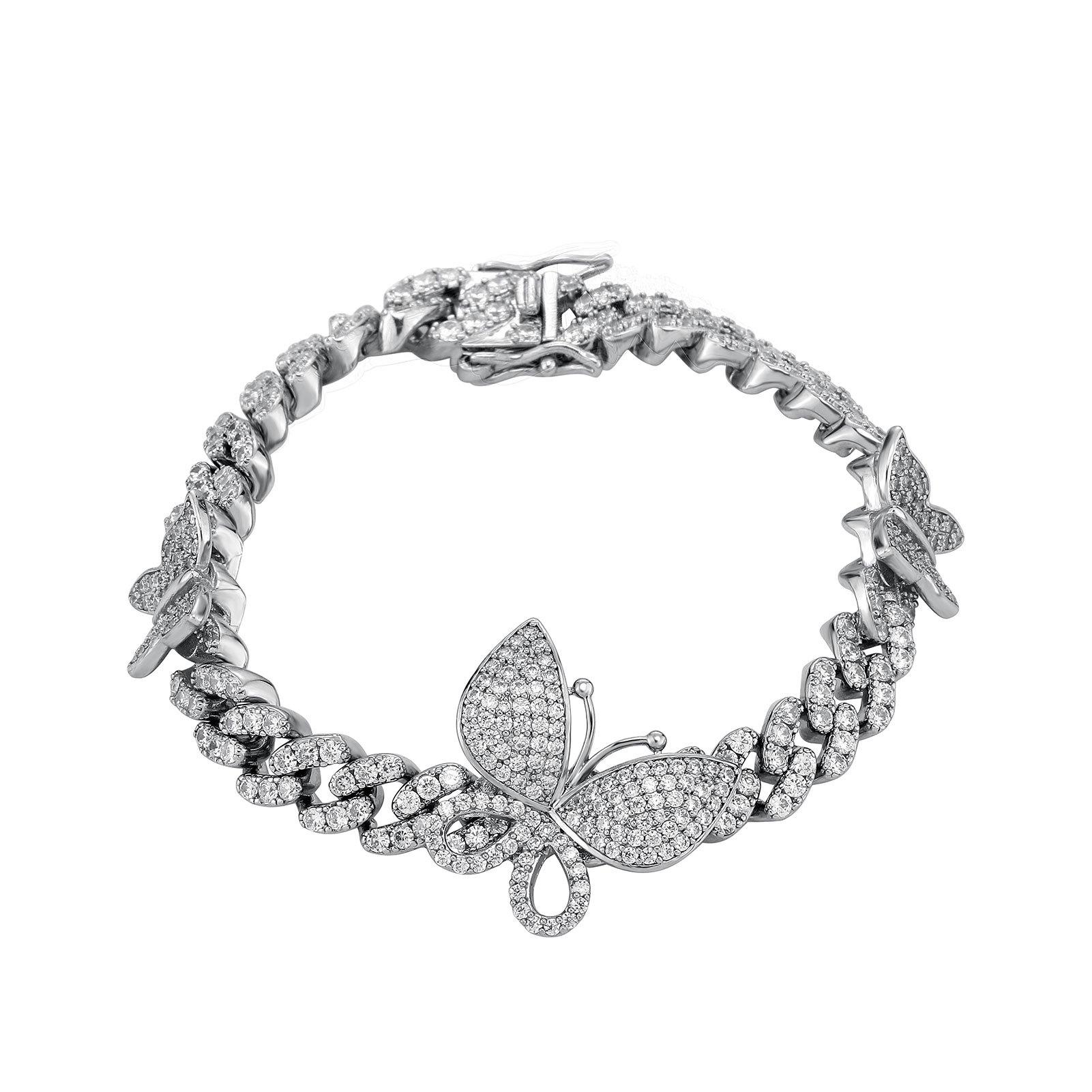 Summer Japanese Korean Zircon Butterfly Bracelet Unisex Cuban Chain Iron Light Luxury Heart Cut Gem Hand Jewelry Fashion 7inch