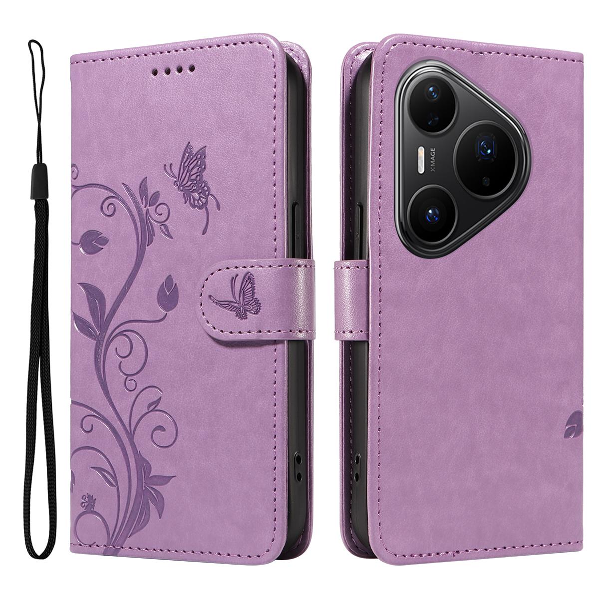 

For Huawei Pura 80 Pro+/Huawei Pura 80 Pro PU Leather Cases Flower Pattern Wallet Stand Phone Cover with Strap Light Purple