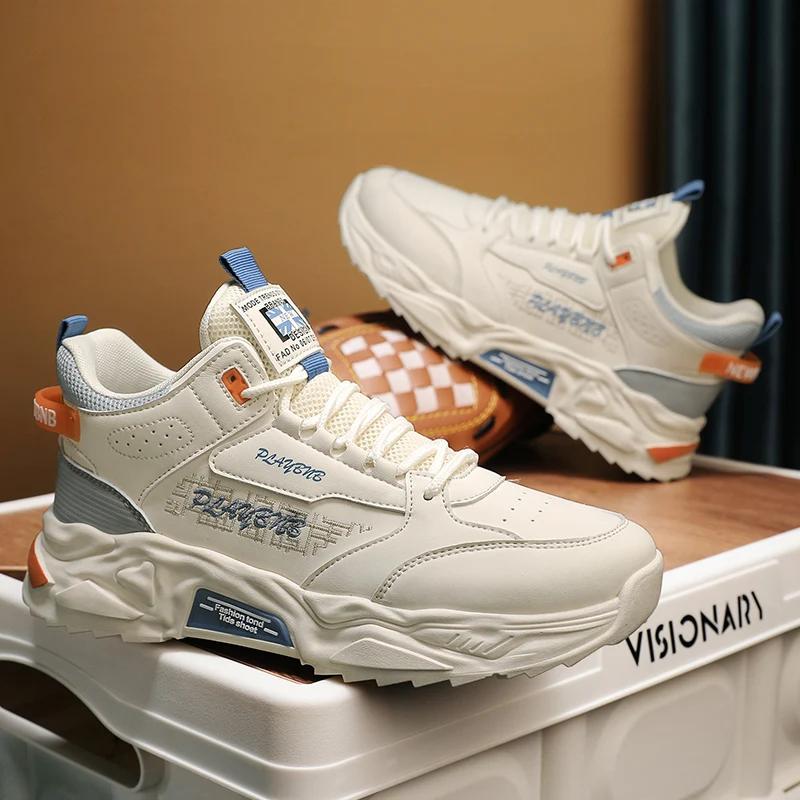 Fashion High Top Men Sneakers Leather Lightweight Mens Casual Shoes Outdoor Walking Shoes Breathable Anti Slip Running Shoes