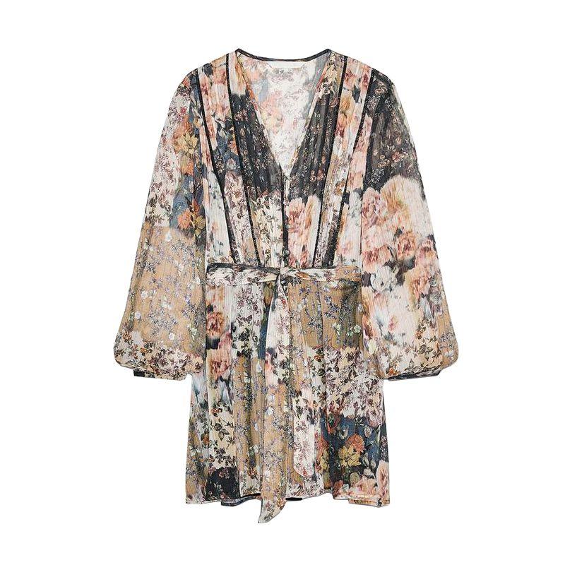 

Spring and Summer New Women s Clothing Casual with Belt Print Fashion V-neck Mini Dress 2469117 Multi-color L